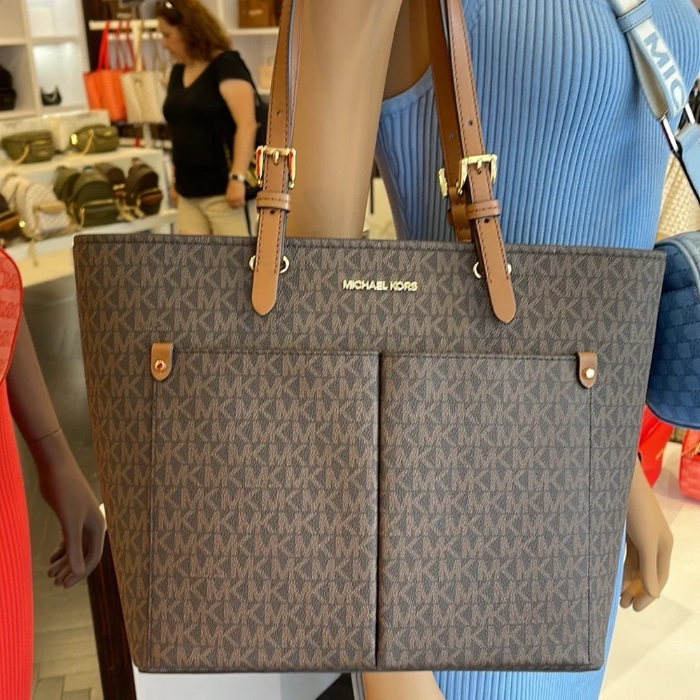 MICHAEL KORS JET SET TRAVEL MEDIUM DOUBLE POCKET TOTE BROWN SIGNATURE NWT